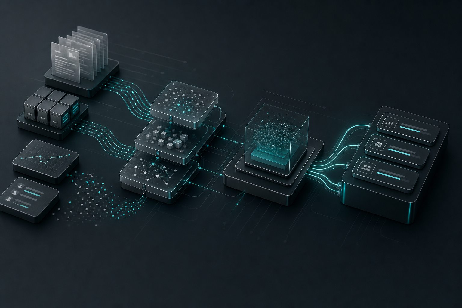 Abstract AI engine flow turning business signals into decision cards